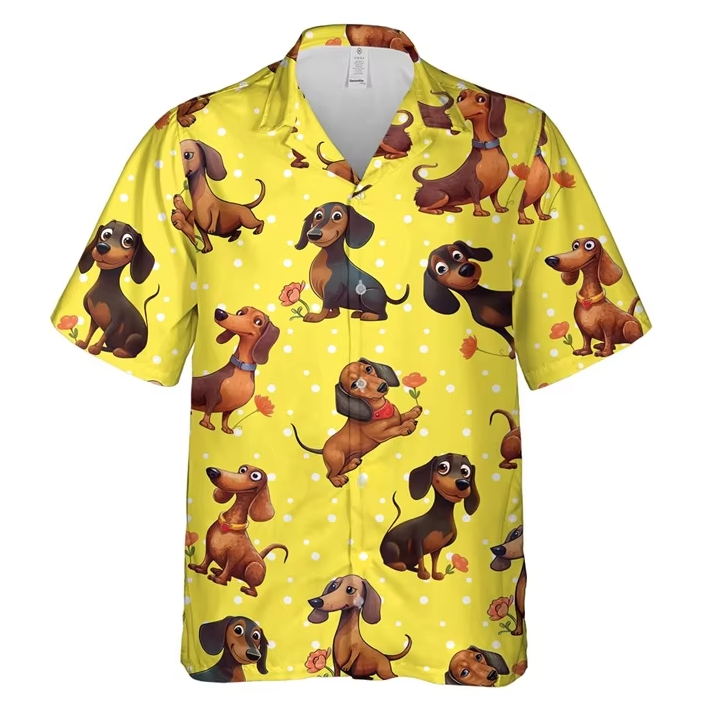 Men’s Dachshund Paradise Hawaiian Shirt – Tropical Button-Up - Flowers & Dachsies