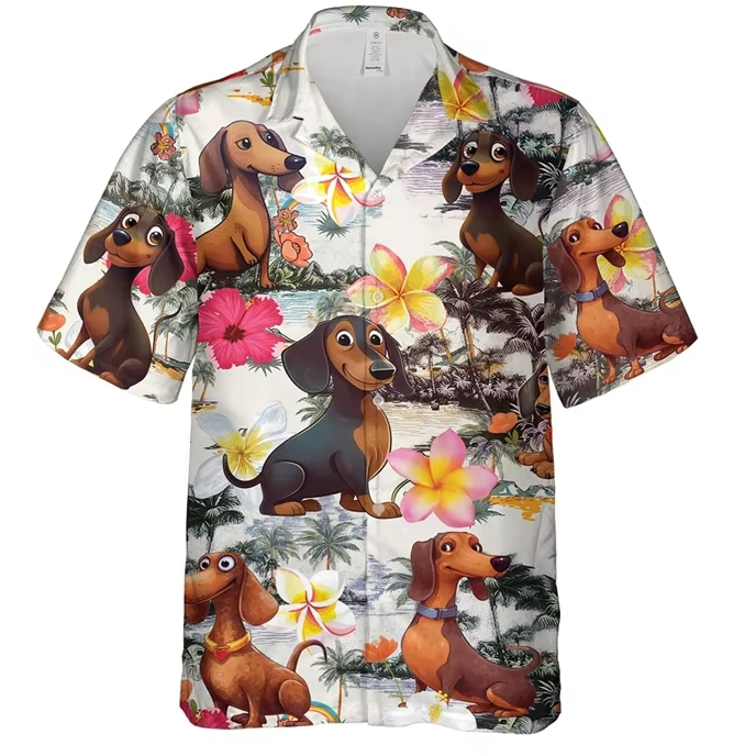 Men’s Dachshund Paradise Hawaiian Shirt – Tropical Button-Up - Island Dachsie