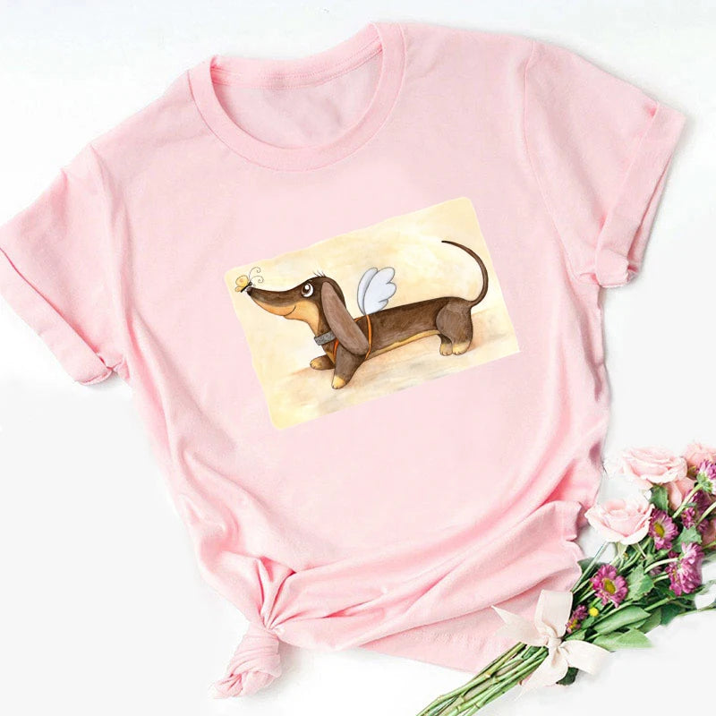 Whimsical Dachshund Angel T-Shirt – Cute & Playful Dog Lover Tee - Pink